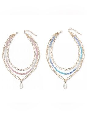 On 34th Gold Tone/Pink Stone Beaded Three-Row Necklace, 20″ + 3″ extender NEW